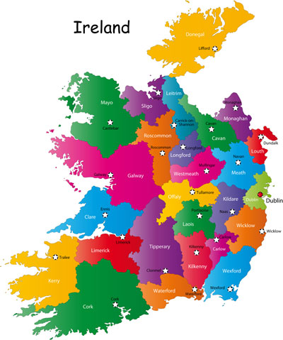 Ireland counties and capital cities map